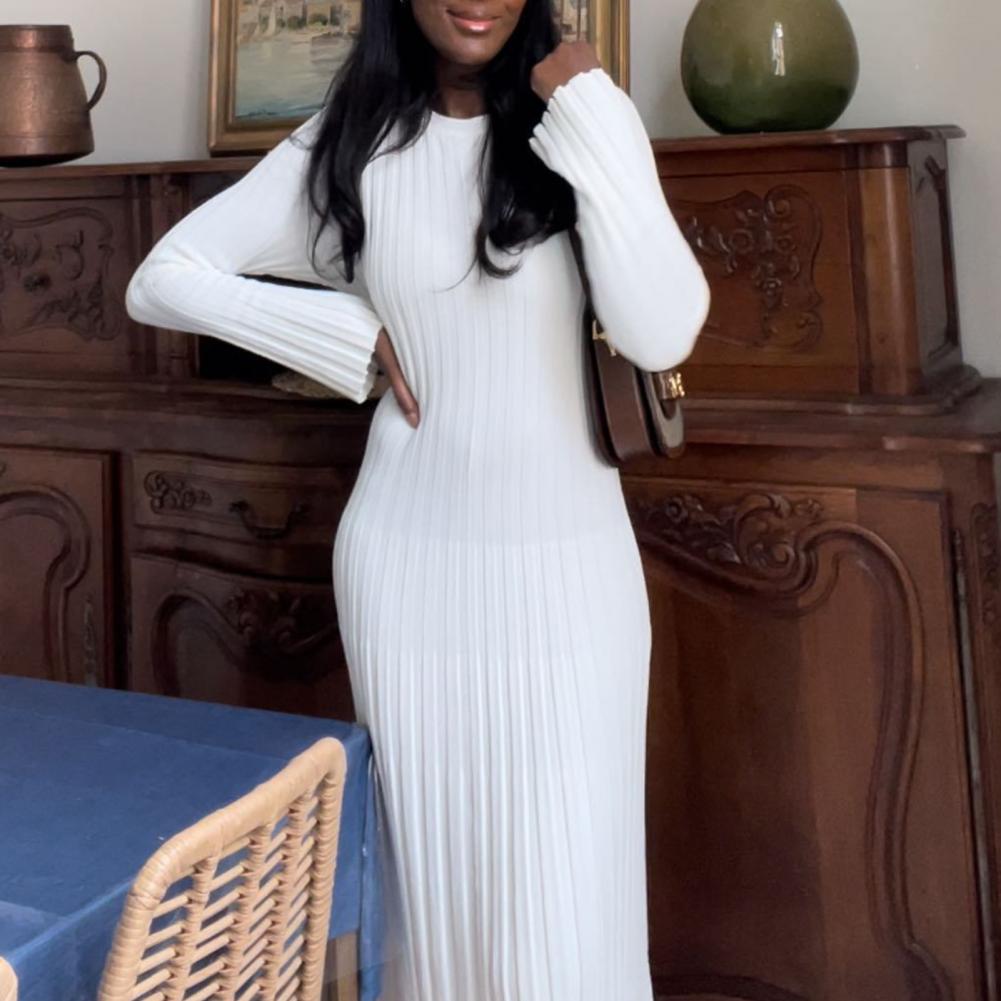 Gaun Rajut Bergaris Wanita Len - Bodycon Long Sleeve Ribbed Dress ulasan dan harga