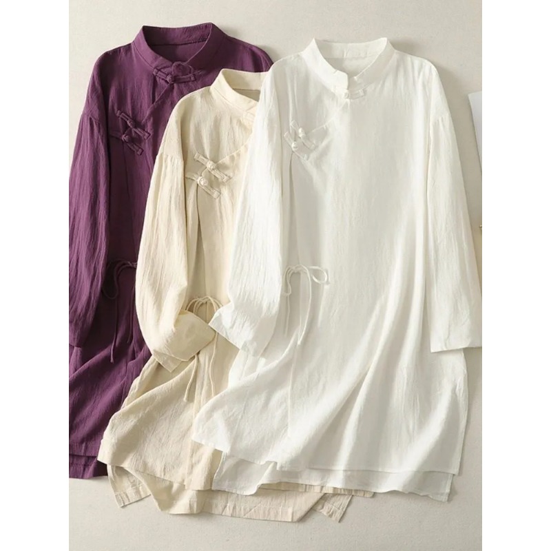 Gaun Tunik Linen Kancing Katak - Casual Loose Linen Shirt Dress ulasan dan harga