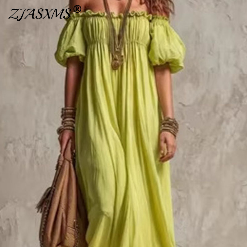 Gaun Maxi Wanita Kasual Libura - Off Shoulder Puff Sleeve Sundress ulasan dan harga