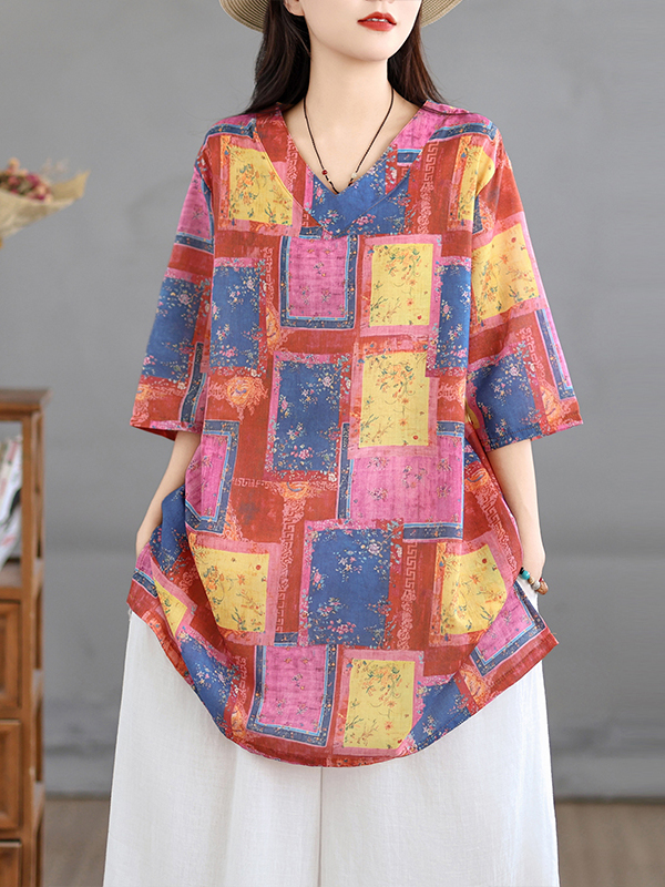 Atasan Linen Kasual Bermotif V - Casual Loose Linen Shirt Dress ulasan dan harga