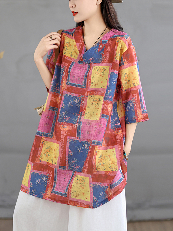 Atasan Linen Kasual Bermotif V - Casual Loose Linen Shirt Dress ulasan dan harga
