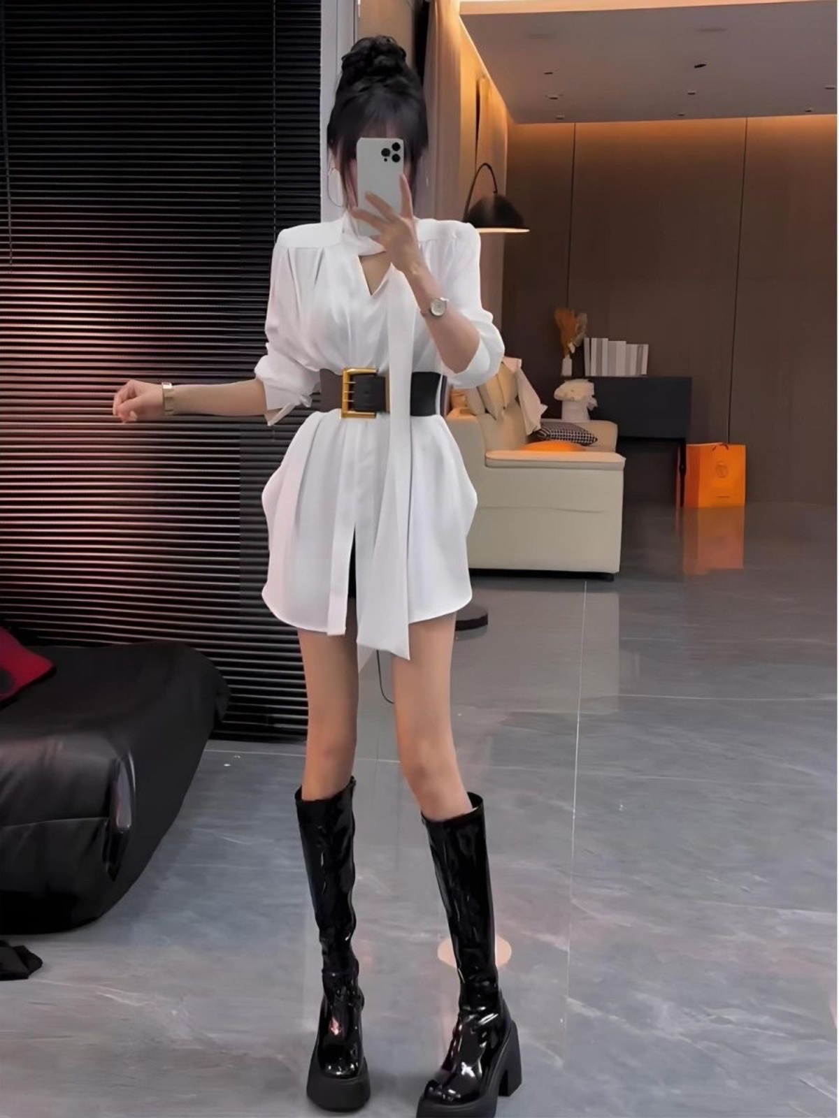 Gaun Kemeja Sutra Putih Wanita - Korean Style A Line Shirt Dress ulasan dan harga
