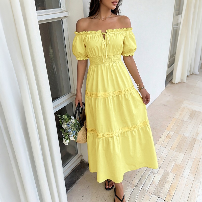 Gaun Maxi A-line Bohemian Musi - Off Shoulder Puff Sleeve Sundress ulasan dan harga