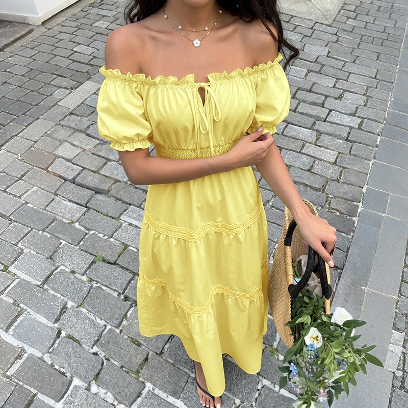 Gaun Maxi A-line Bohemian Musi - Off Shoulder Puff Sleeve Sundress ulasan dan harga
