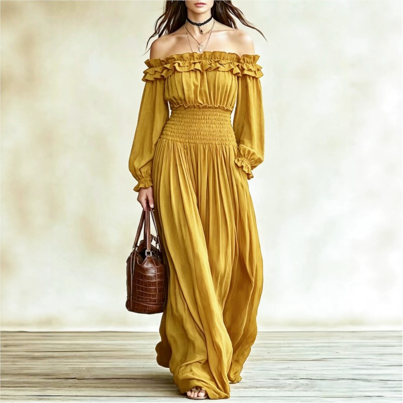 Gaun Maxi Fashion Off Shoulder - Off Shoulder Puff Sleeve Sundress ulasan dan harga