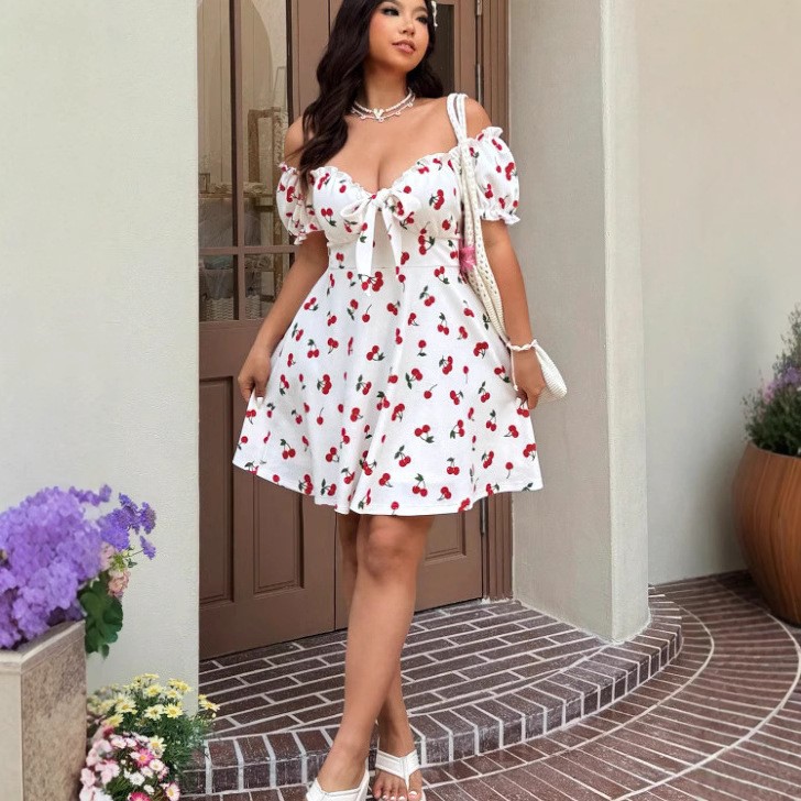 Gaun Wanita Musim Panas Gaun B - Off Shoulder Puff Sleeve Sundress ulasan dan harga