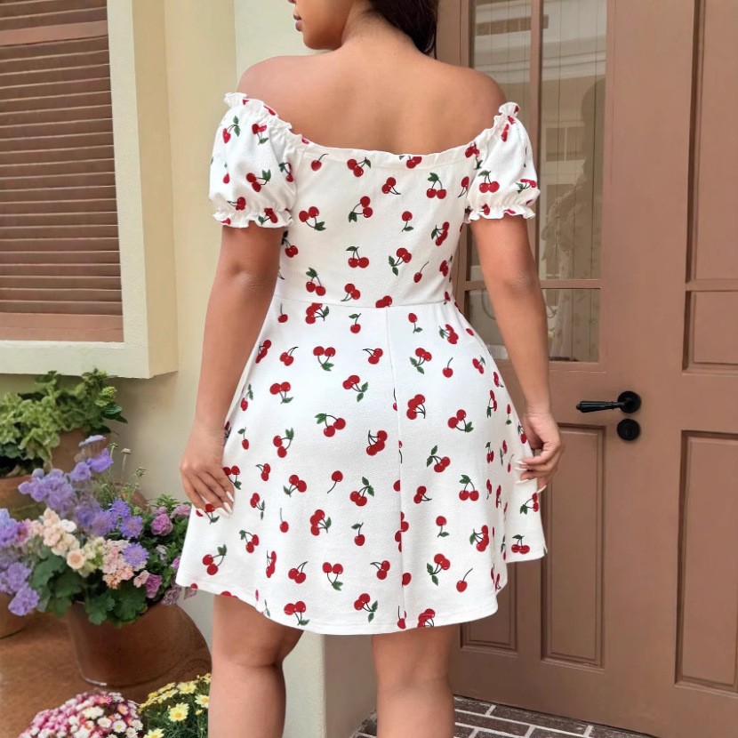 Gaun Wanita Musim Panas Gaun B - Off Shoulder Puff Sleeve Sundress ulasan dan harga