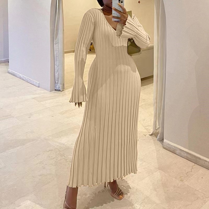 Gaun Rajut Wanita Musim Gugur  - Bodycon Long Sleeve Ribbed Dress ulasan dan harga