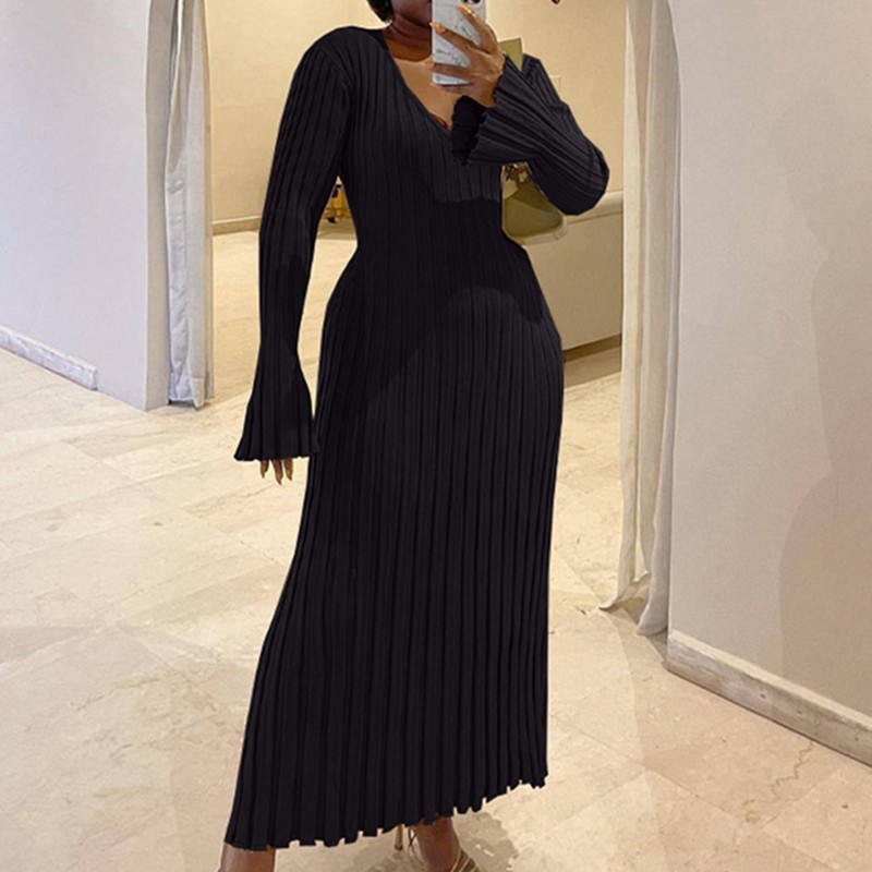 Gaun Rajut Wanita Musim Gugur  - Bodycon Long Sleeve Ribbed Dress ulasan dan harga