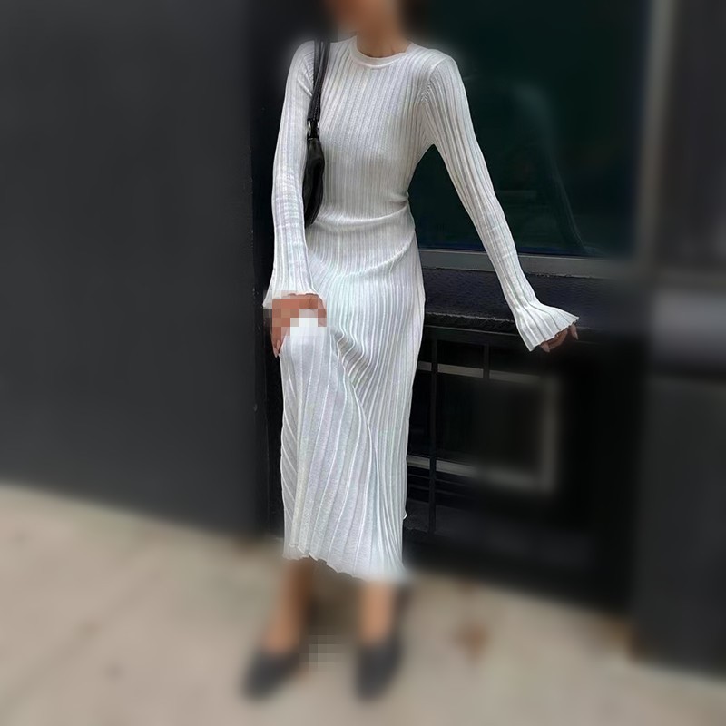 Gaun Rajut Wanita Musim Gugur  - Bodycon Long Sleeve Ribbed Dress ulasan dan harga
