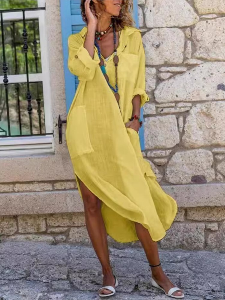 Gaun panjang wanita, Dress kem - Casual Loose Linen Shirt Dress ulasan dan harga