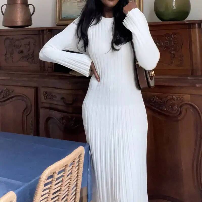 Gaun Maxi Rajut Bergaris Elega - Bodycon Long Sleeve Ribbed Dress ulasan dan harga