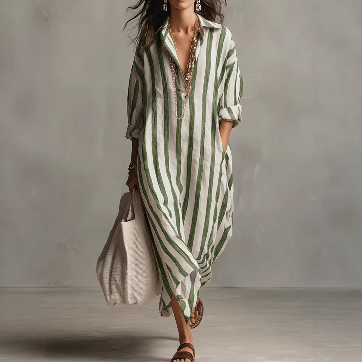 Gaun kemeja linen bergaris ele - Casual Loose Linen Shirt Dress ulasan dan harga