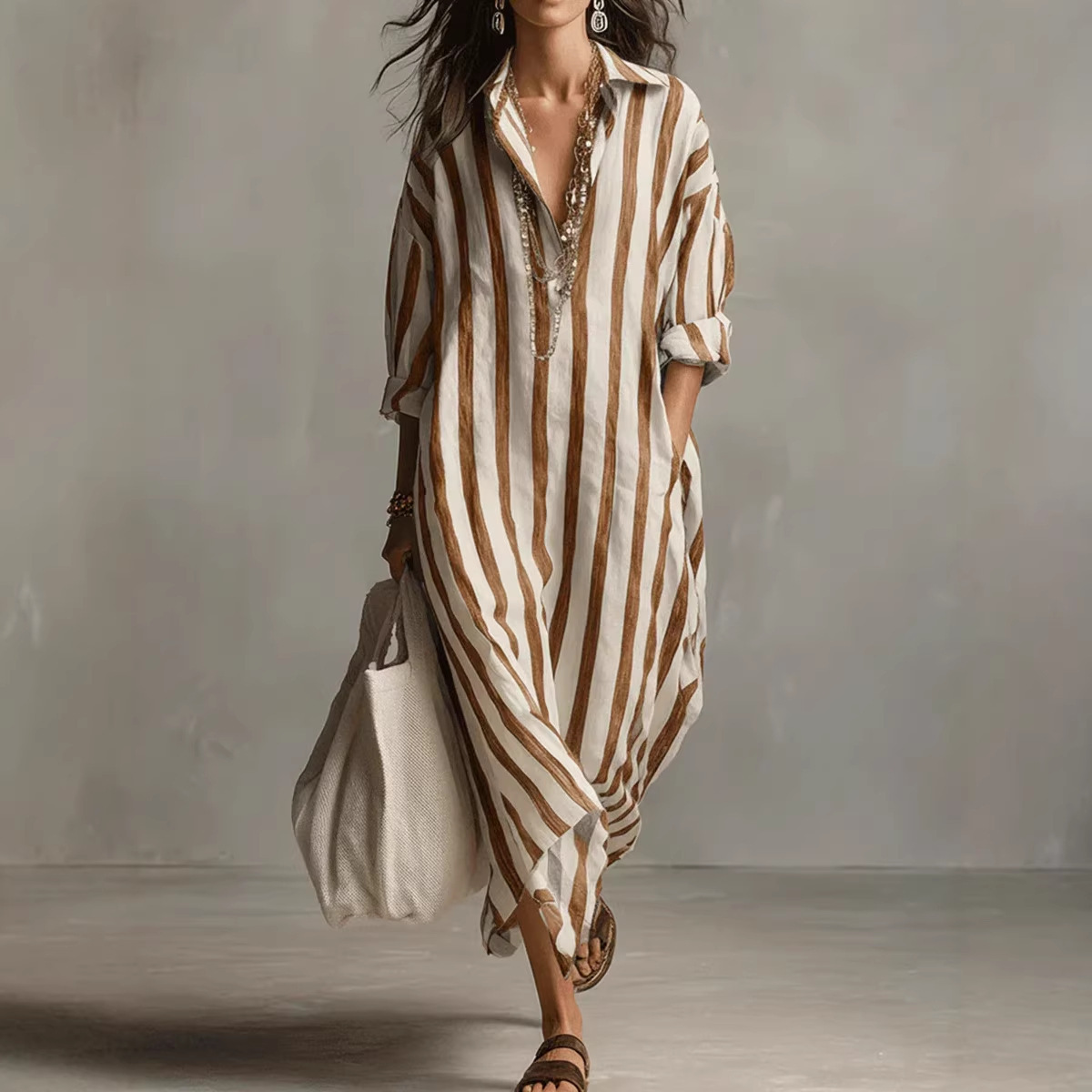 Gaun kemeja linen bergaris ele - Casual Loose Linen Shirt Dress ulasan dan harga