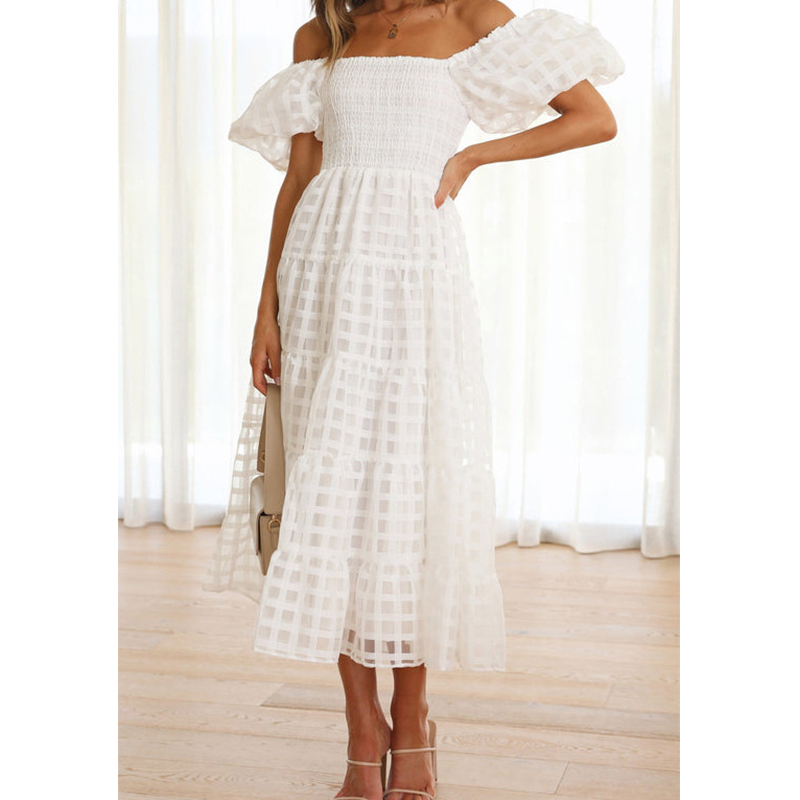 Gaun panjang musim panas wanit - Off Shoulder Puff Sleeve Sundress ulasan dan harga