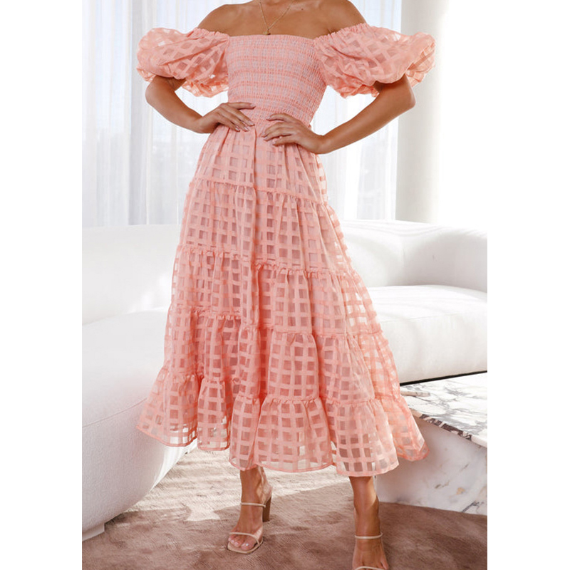 Gaun panjang musim panas wanit - Off Shoulder Puff Sleeve Sundress ulasan dan harga