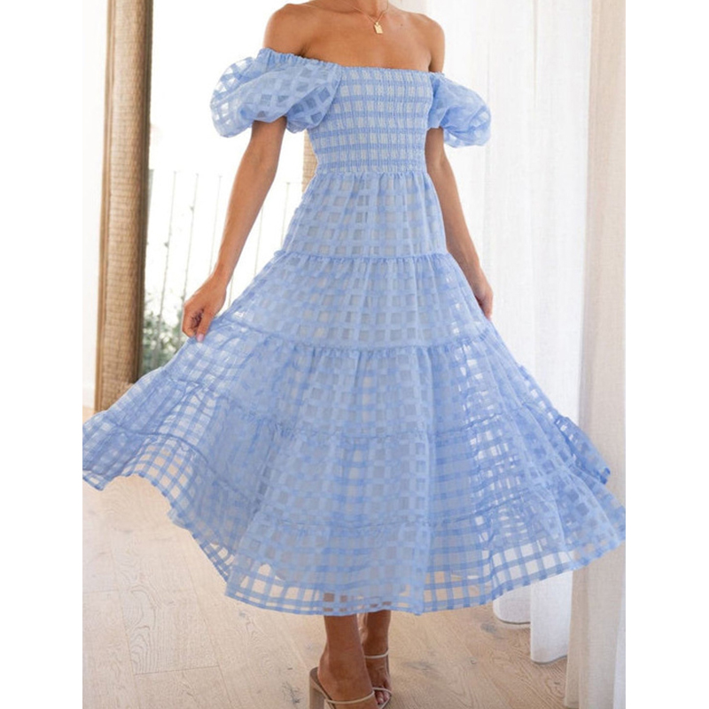 Gaun panjang musim panas wanit - Off Shoulder Puff Sleeve Sundress ulasan dan harga