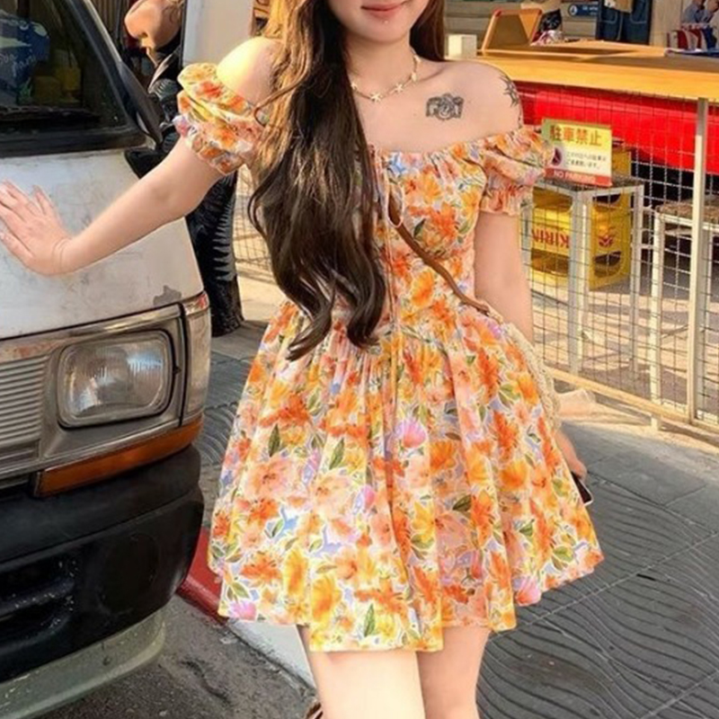 Gaun Mini Motif Bunga Oranye M - Off Shoulder Puff Sleeve Sundress ulasan dan harga