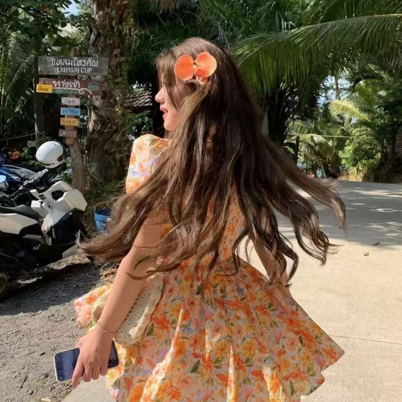 Gaun Mini Motif Bunga Oranye M - Off Shoulder Puff Sleeve Sundress ulasan dan harga